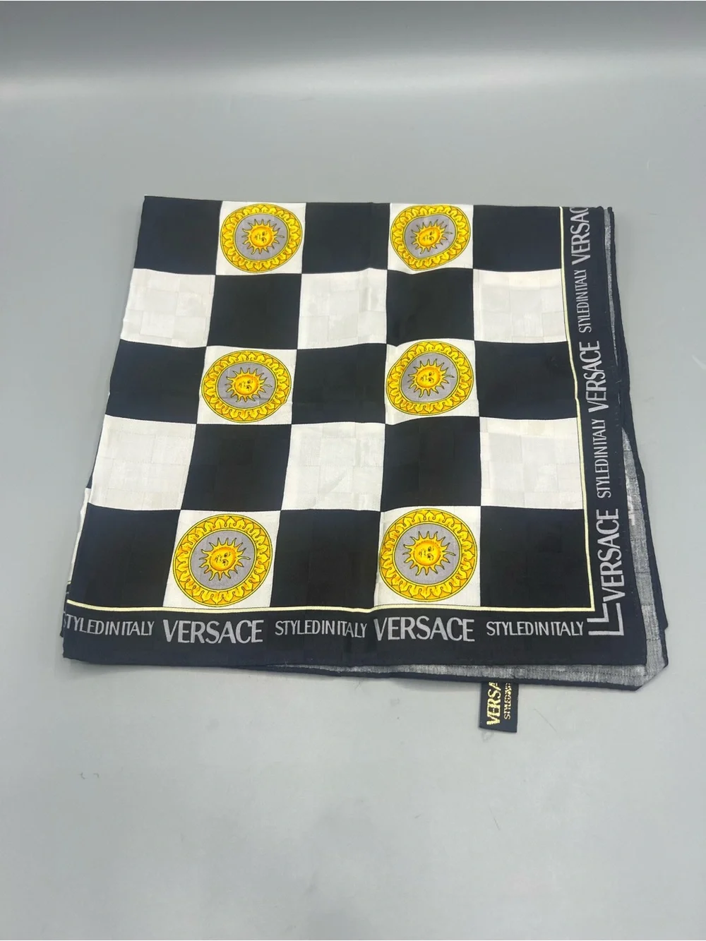 Versace Black, White & Yellow Checkerboard Medallion Sun Square Scarf